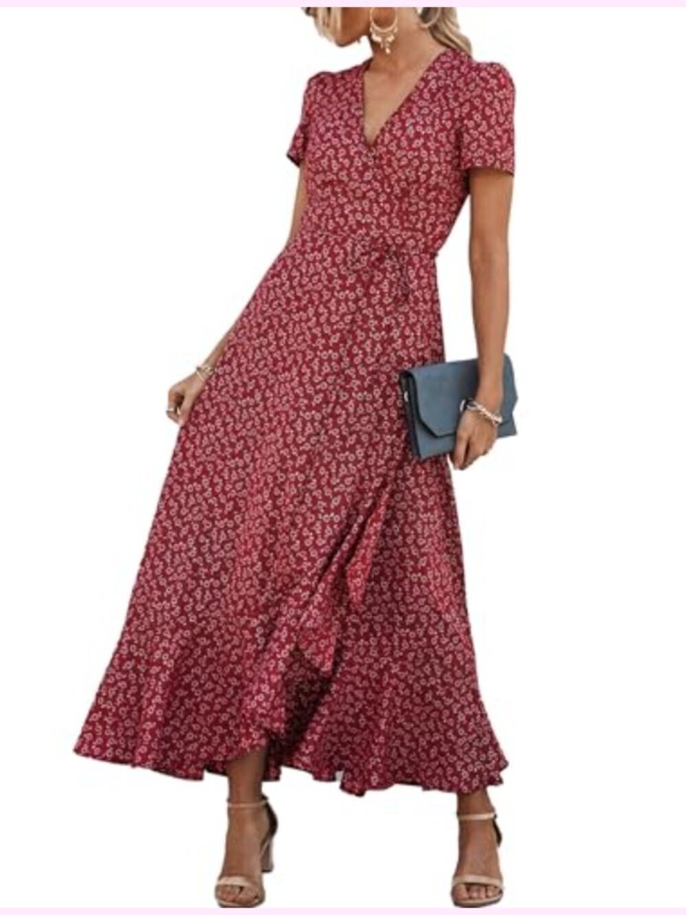 Womens Boho Floral Maxi Dress Short Sleeve Wrap V Neck Flowy Summer Sundress